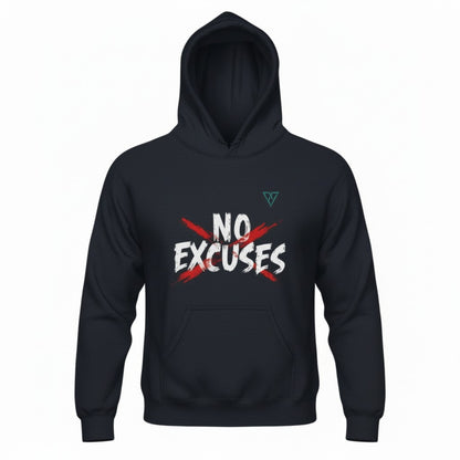 HorizonVibe No Excuses navy blue pullover hoodie for men, front view on white background, minimalist gym streetwear with bold graphic