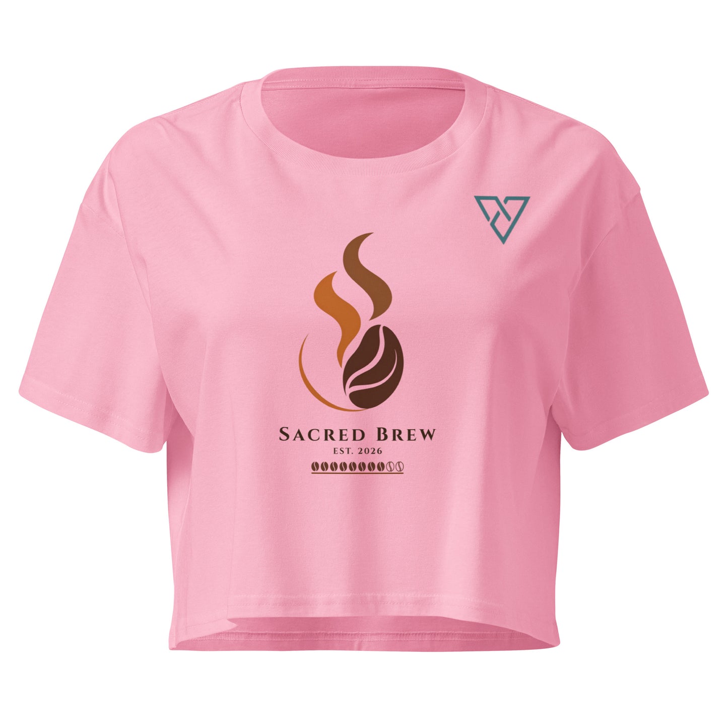 Women's HorizonVibe Sacred Brew coffee crop top in bubblegum pink, minimalist logo front view on white background