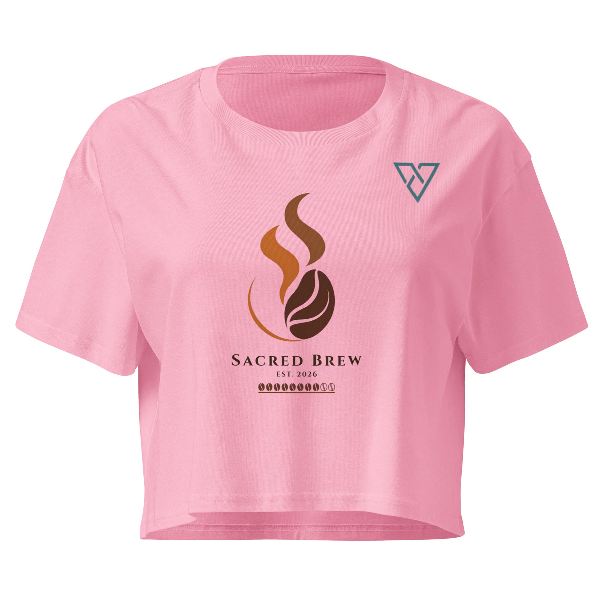 Women's HorizonVibe Sacred Brew coffee crop top in bubblegum pink, minimalist logo front view on white background