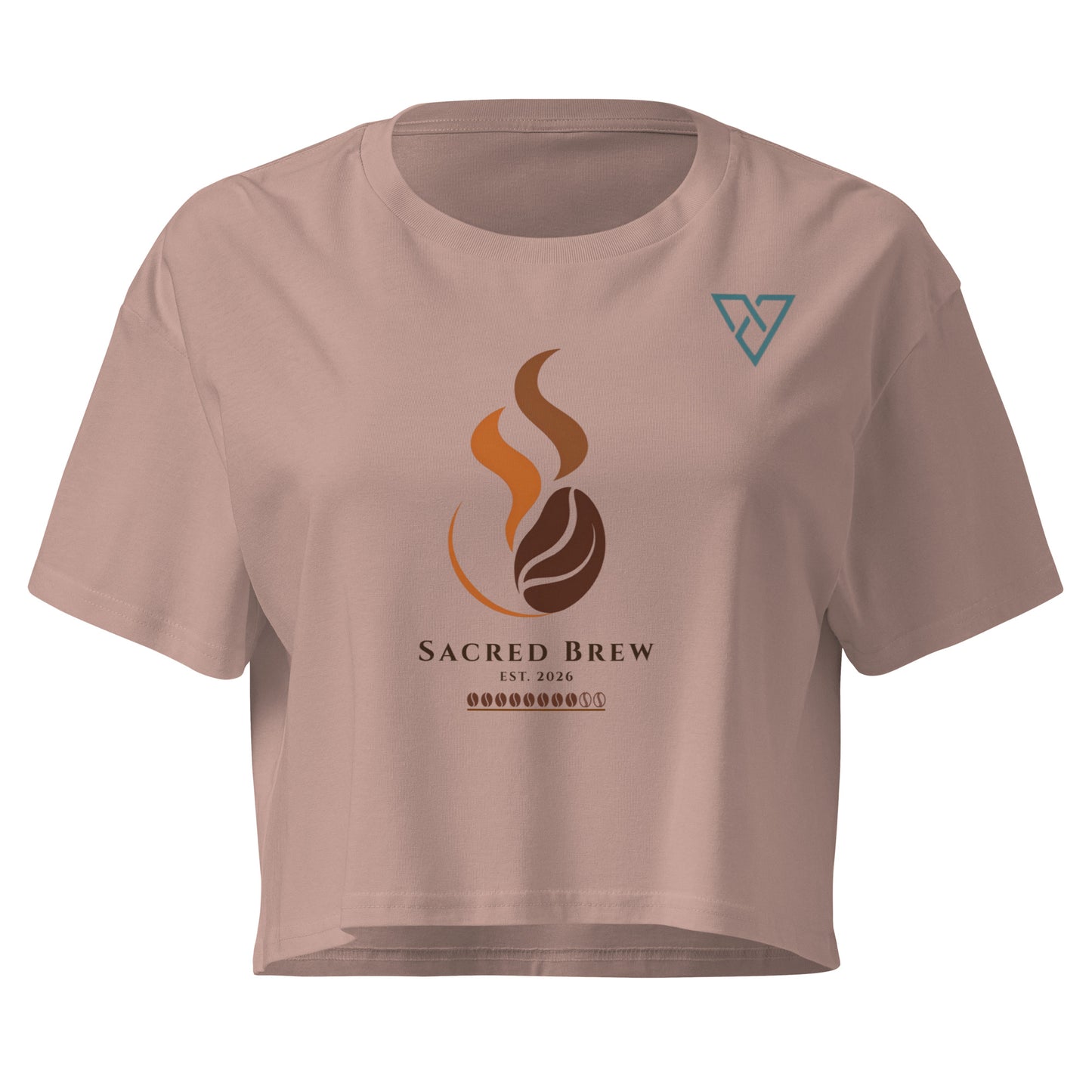 Women's HorizonVibe Sacred Brew coffee crop top in hazy pink, minimalist logo front view on white background