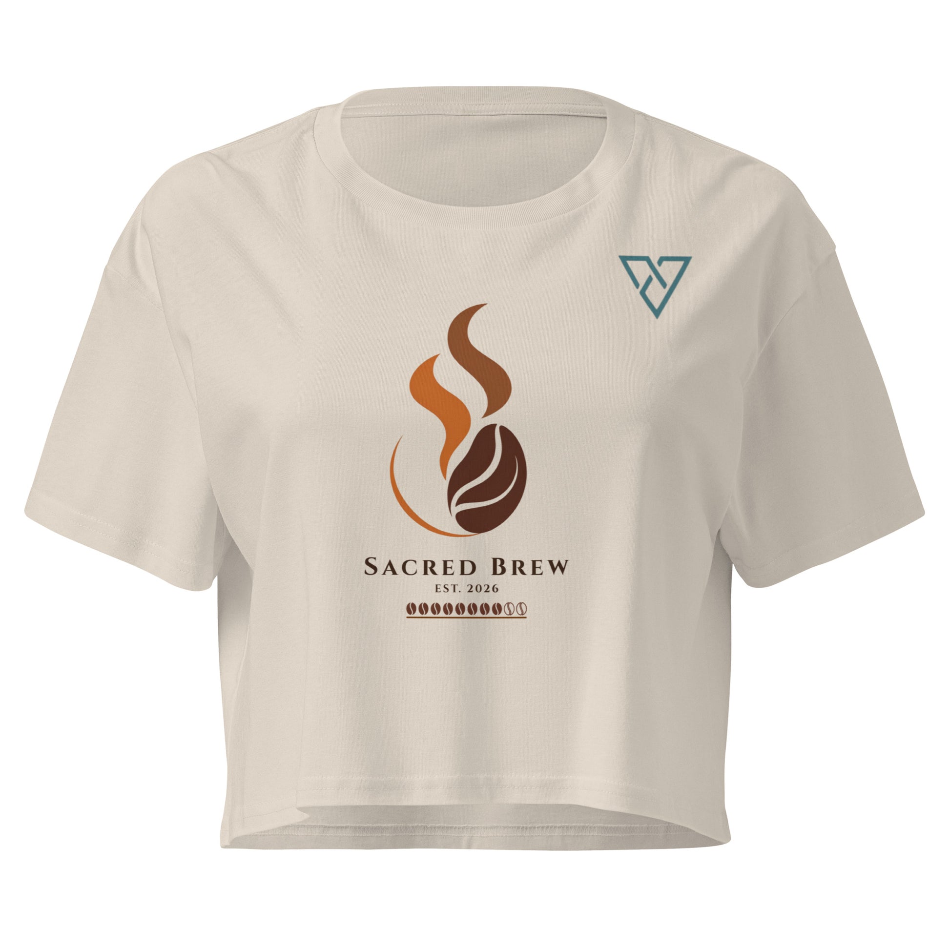 Women's HorizonVibe Sacred Brew coffee crop top in white, minimalist logo front view on white background