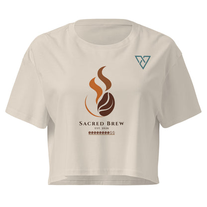 Women's HorizonVibe Sacred Brew coffee crop top in white, minimalist logo front view on white background