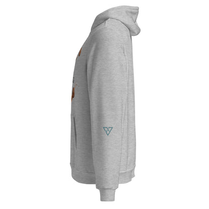 Women's HorizonVibe Slow Morning coffee hoodie in heather gray, side view on white background, minimalist design