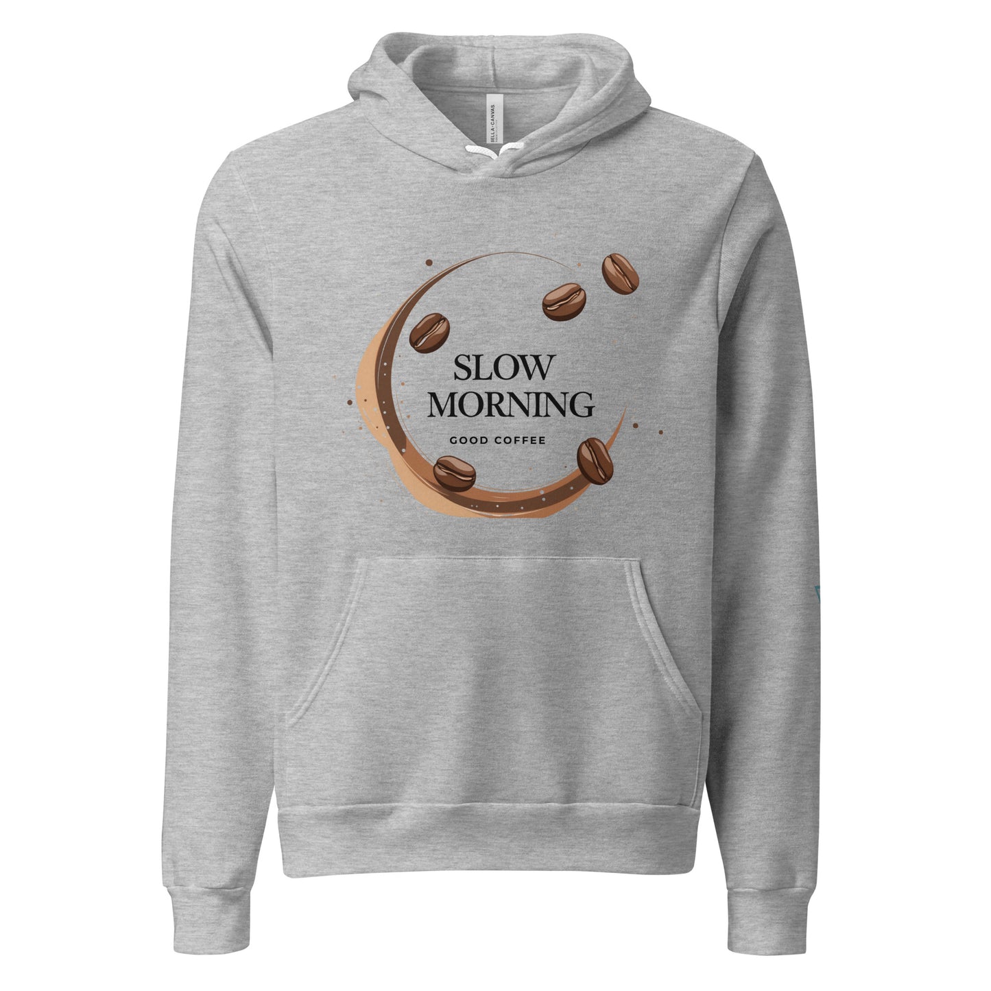 Women's HorizonVibe Slow Morning coffee hoodie in heather gray, front view on white background, minimalist design