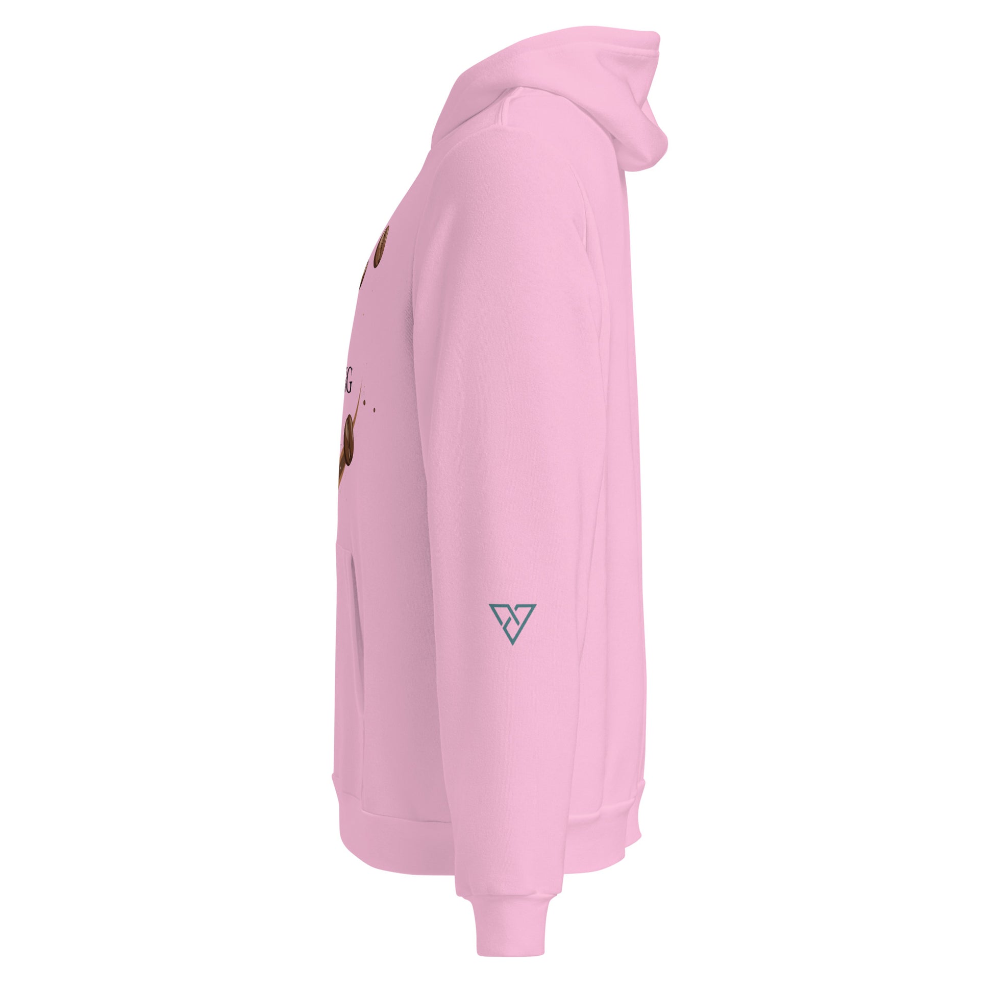 Women's HorizonVibe Slow Morning coffee hoodie in pink, side view on white background, minimalist design