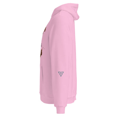 Women's HorizonVibe Slow Morning coffee hoodie in pink, side view on white background, minimalist design