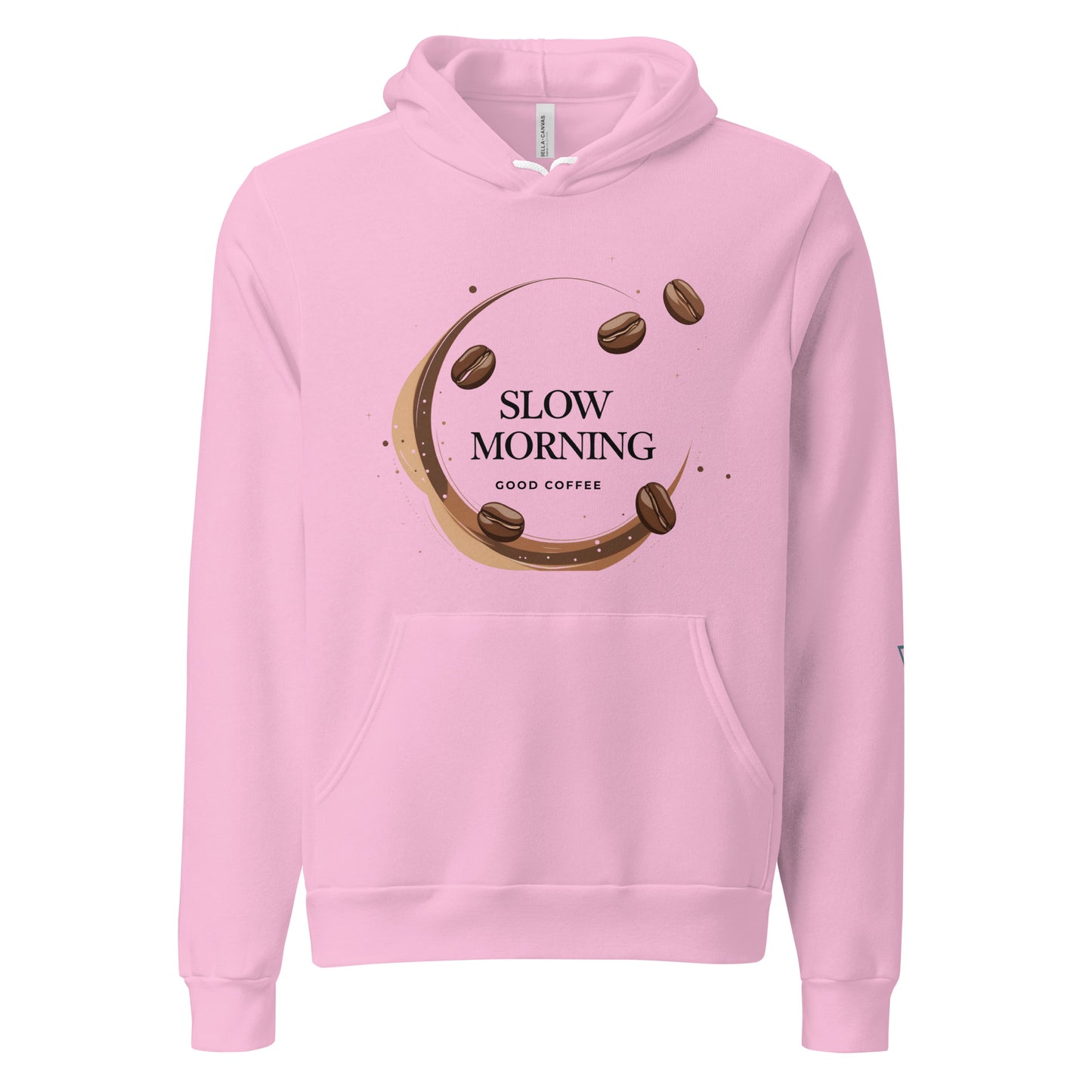 Women's HorizonVibe Slow Morning coffee hoodie in pink, minimalist design, front view on white background