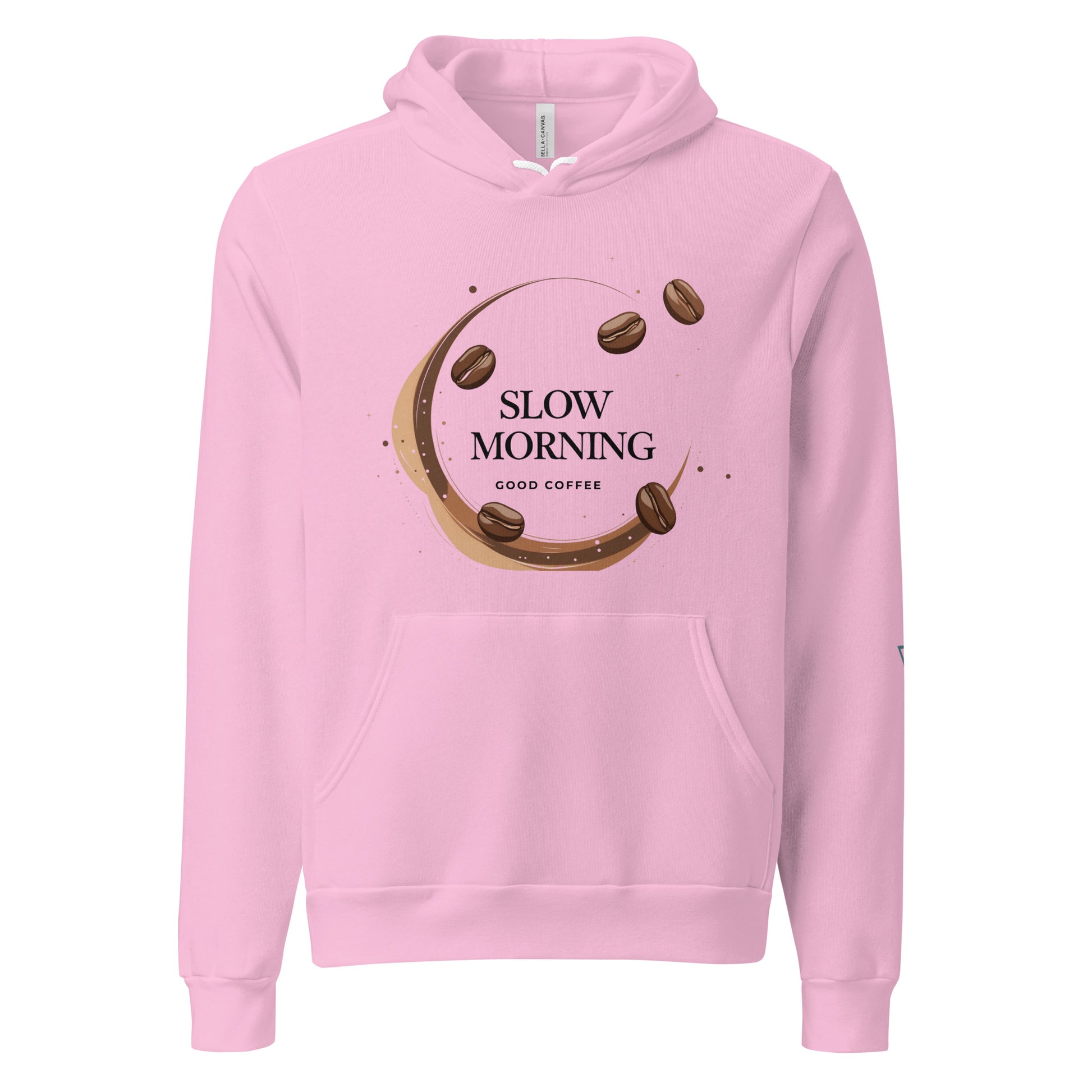 Women's HorizonVibe Slow Morning coffee hoodie in pink, minimalist design, front view on white background