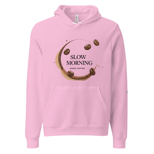 Women's HorizonVibe Slow Morning coffee hoodie in pink, minimalist design, front view on white background