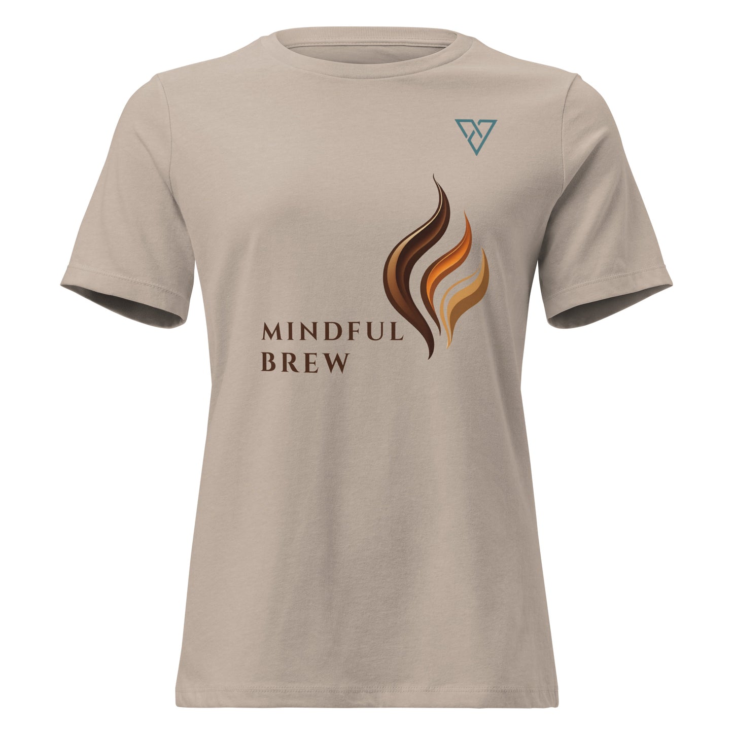 Heather Stone Women's Relaxed T-Shirt featuring the HorizonVibe Mindful Brew coffee-inspired graphic with minimalist artwork and chest logo.