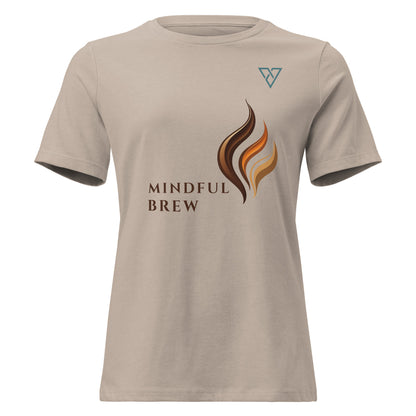 Heather Stone Women's Relaxed T-Shirt featuring the HorizonVibe Mindful Brew coffee-inspired graphic with minimalist artwork and chest logo.