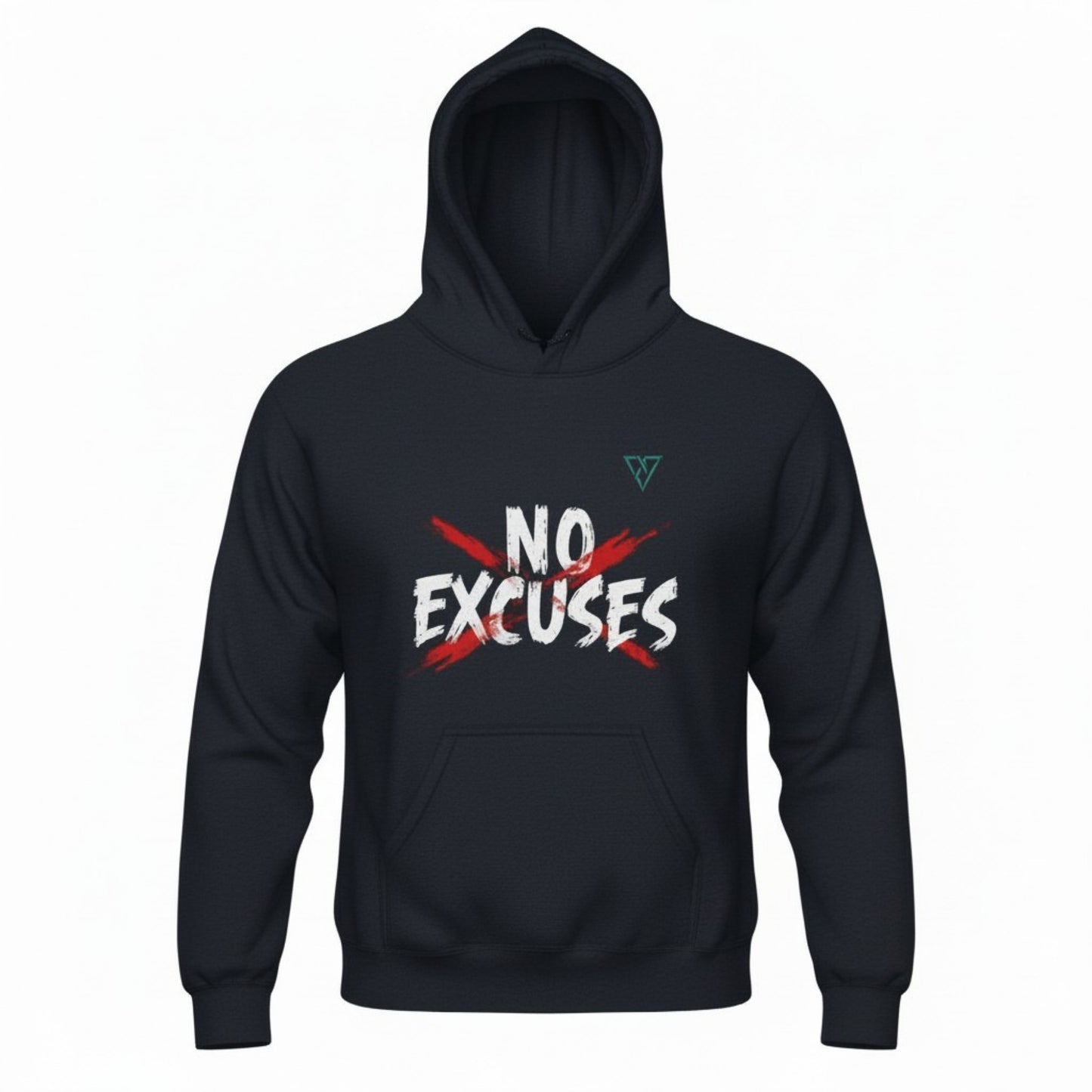 No Excuses Hoodie for Men navy blue pullover front view with HorizonVibe logo and motivational graphic
