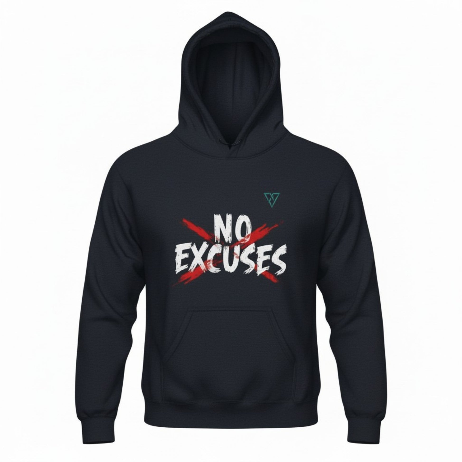 No Excuses Hoodie for Men navy blue pullover front view with HorizonVibe logo and motivational graphic