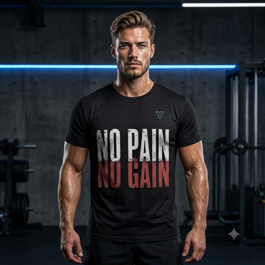 Muscular man standing in a modern gym wearing the HorizonVibe NO PAIN NO GAIN Men's Performance T-Shirt in black after an intense workout.