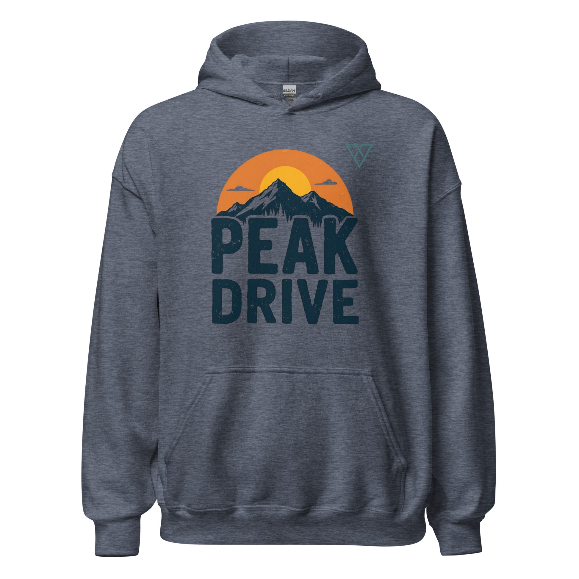 Peak Drive Hoodie in Heather Sport Dark Navy featuring a bold mountain graphic on the front, photographed on a white background for the HorizonVibe POWER-HIKING collection.