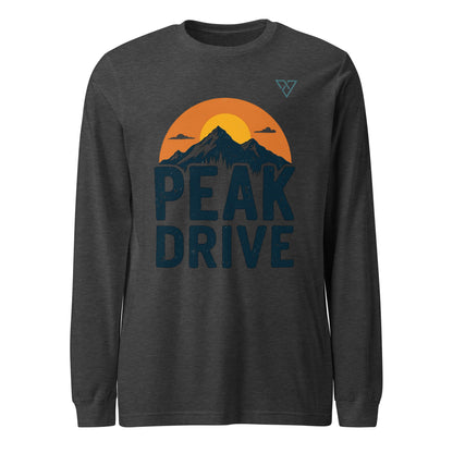Peak Drive Long Sleeve Tee in Dark Grey Heather featuring a bold mountain graphic on the front, photographed on a white background for the HorizonVibe POWER-HIKING collection.