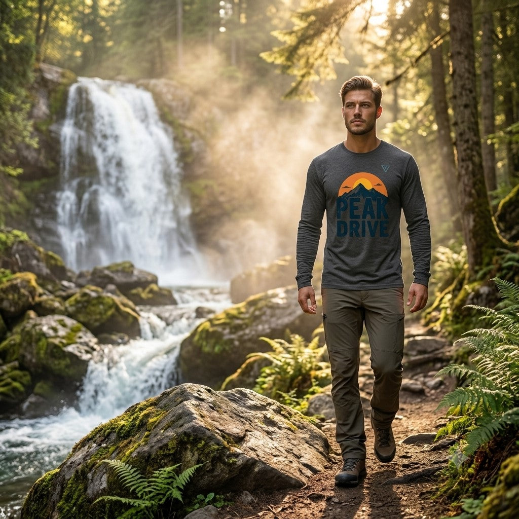 Man hiking beside a forest waterfall wearing the Peak Drive Long Sleeve Tee in Dark Grey Heather, showcasing HorizonVibe's outdoor-inspired POWER-HIKING collection.
