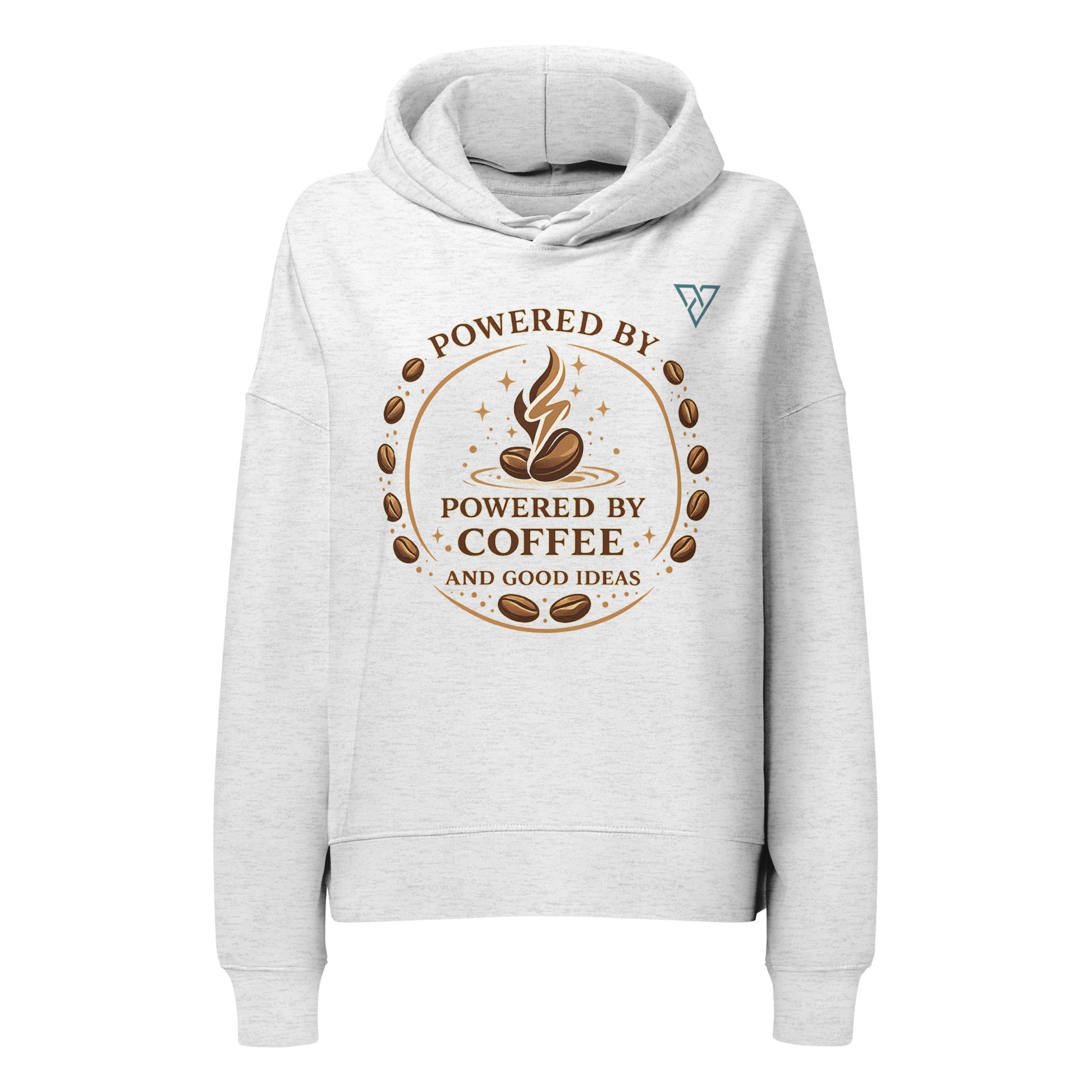 front view of white hoodie with Powered by Coffee design, minimal coffee graphic, HorizonVibe