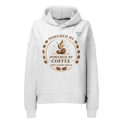front view of white hoodie with Powered by Coffee design, minimal coffee graphic, HorizonVibe