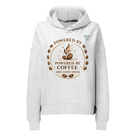 front view of white hoodie with Powered by Coffee design, minimal coffee graphic, HorizonVibe