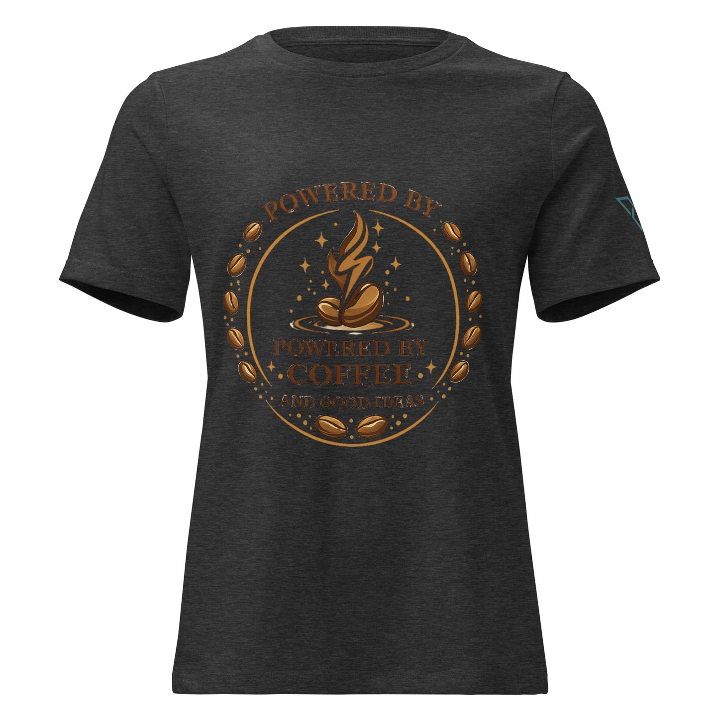 front view of dark grey t-shirt with Powered by Coffee design, minimal coffee graphic, HorizonVibe