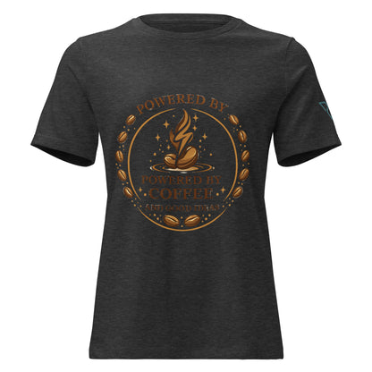 front view of dark grey t-shirt with Powered by Coffee design, minimal coffee graphic, HorizonVibe
