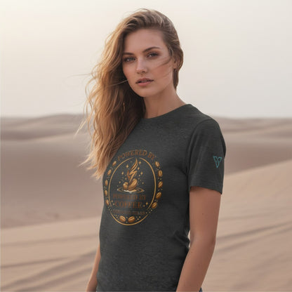 woman wearing dark grey t-shirt with Powered by Coffee design in desert setting, lifestyle image, HorizonVibe