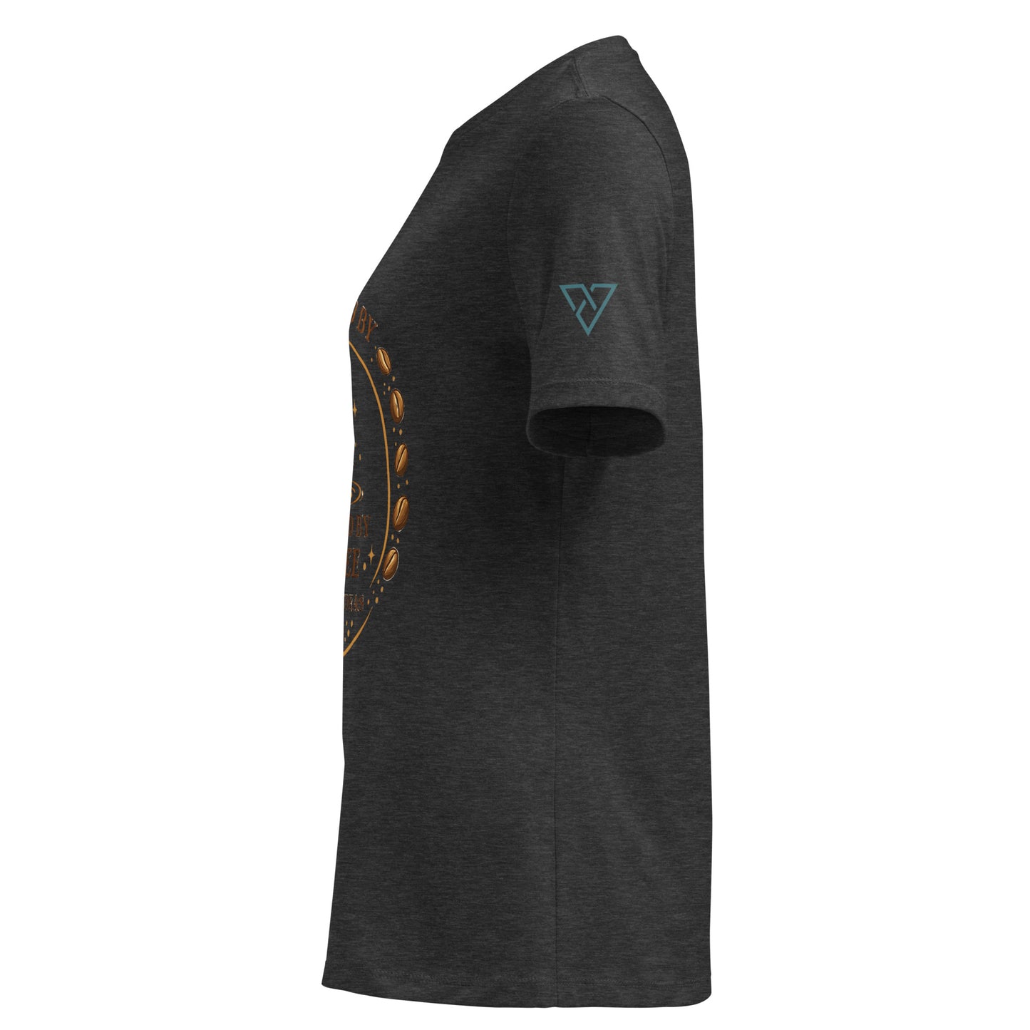side view of dark grey t-shirt with Powered by Coffee design on sleeve, HorizonVibe
