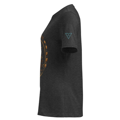 side view of dark grey t-shirt with Powered by Coffee design on sleeve, HorizonVibe