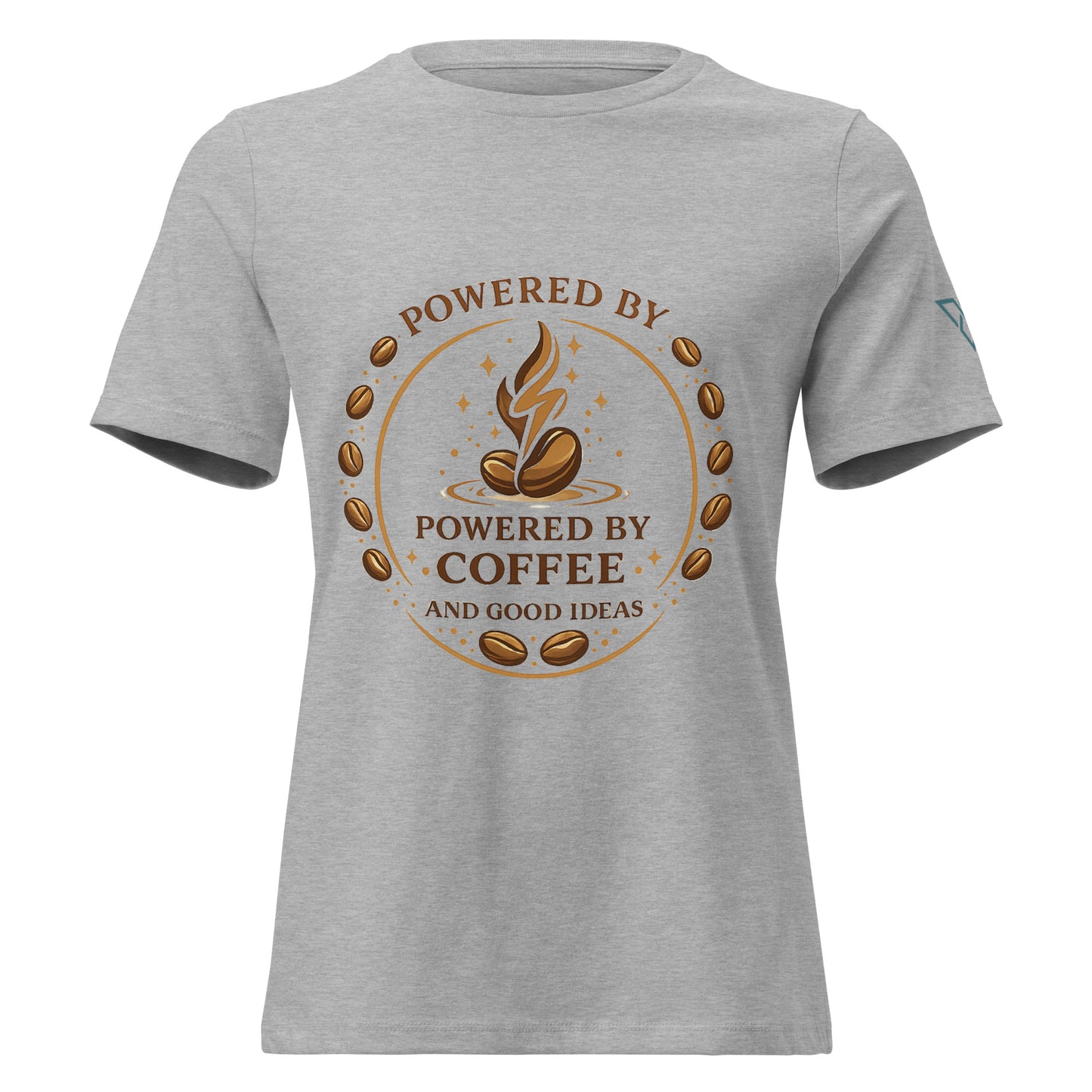 front view of light grey t-shirt with Powered by Coffee design, minimal coffee graphic, HorizonVibe