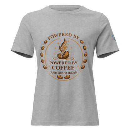 front view of light grey t-shirt with Powered by Coffee design, minimal coffee graphic, HorizonVibe