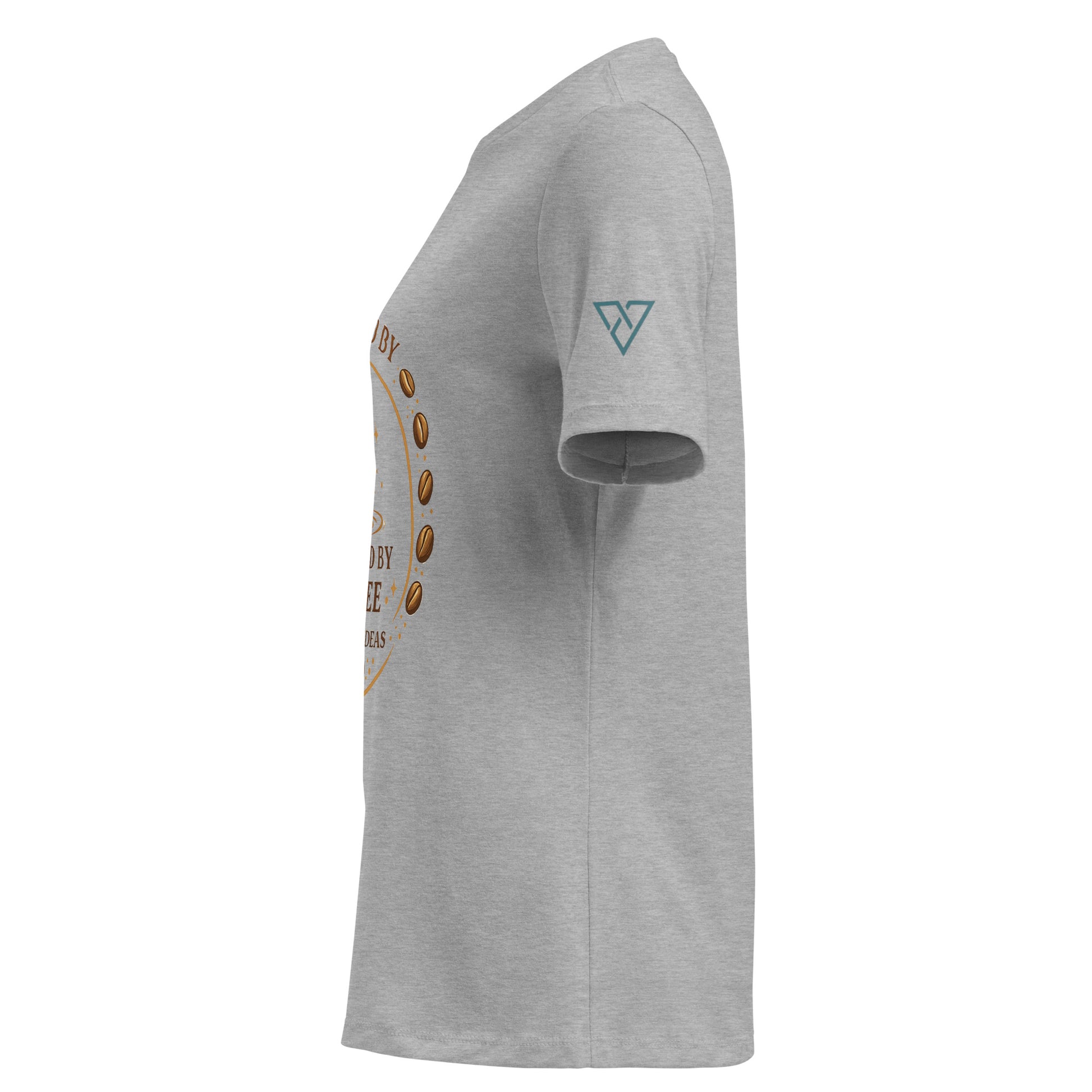 side view of light grey t-shirt with Powered by Coffee design on sleeve, HorizonVibe