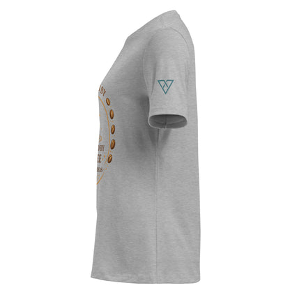side view of light grey t-shirt with Powered by Coffee design on sleeve, HorizonVibe