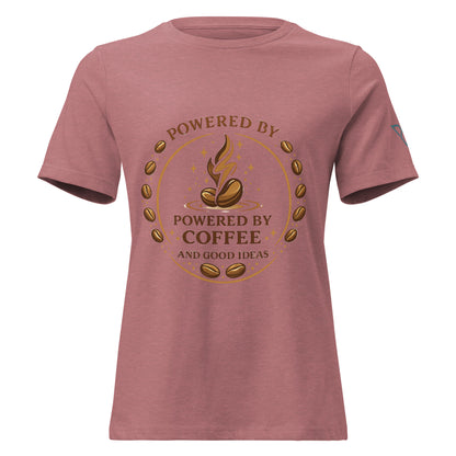front view of mauve t-shirt with Powered by Coffee design, minimal coffee graphic, HorizonVibe