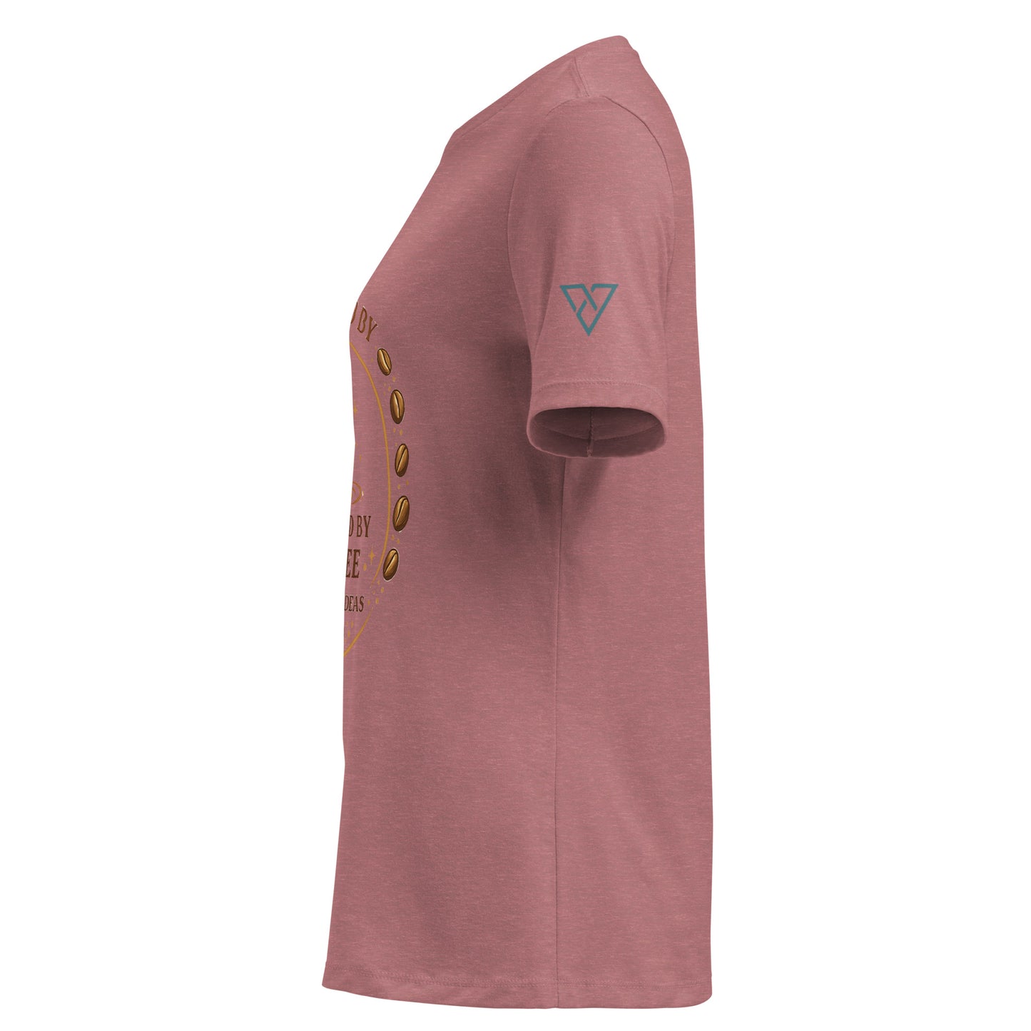 side view of mauve t-shirt with Powered by Coffee design on sleeve, HorizonVibe