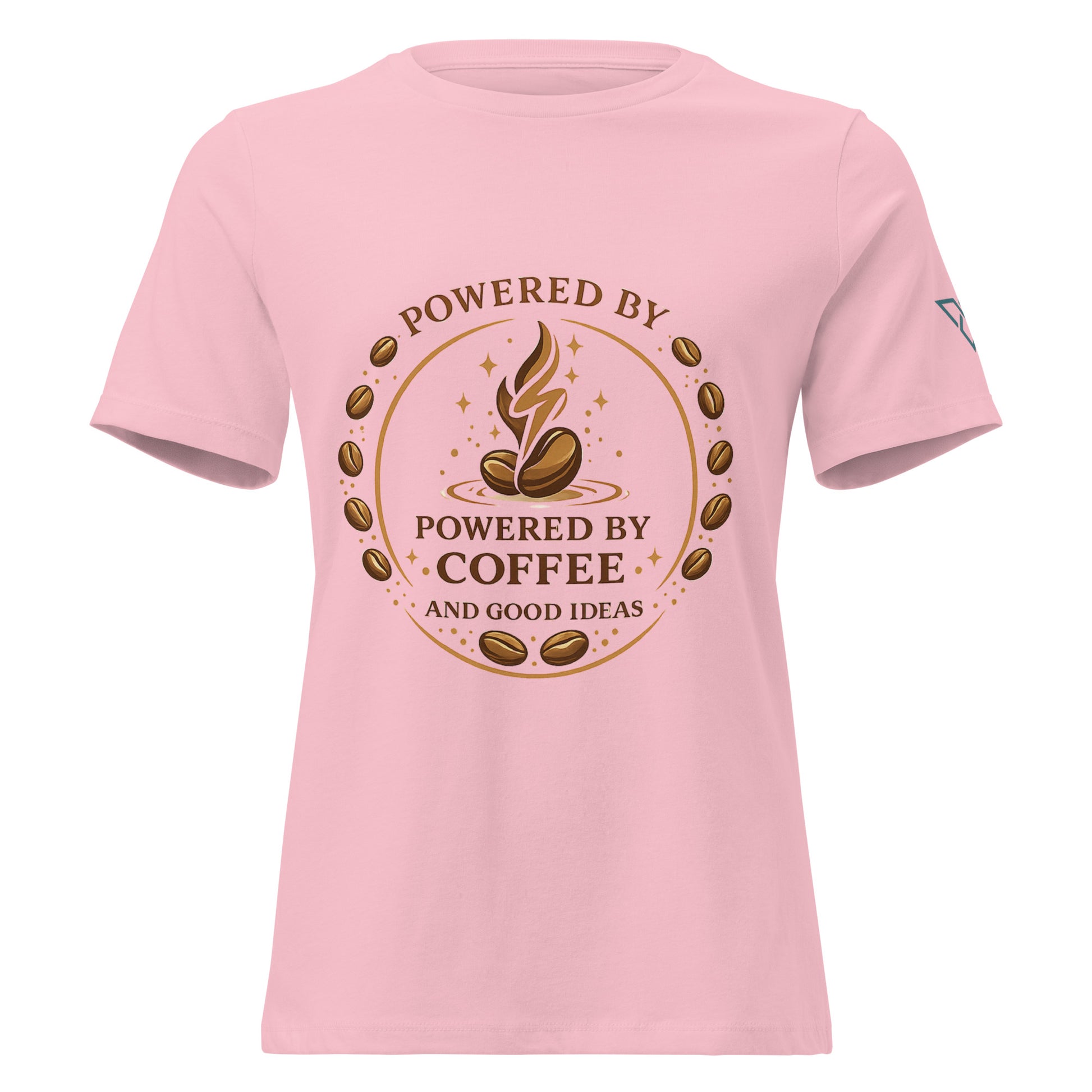 front view of pink t-shirt with Powered by Coffee design, minimal coffee graphic, HorizonVibe