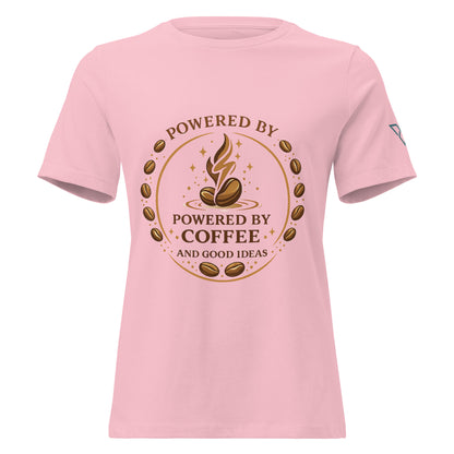 front view of pink t-shirt with Powered by Coffee design, minimal coffee graphic, HorizonVibe
