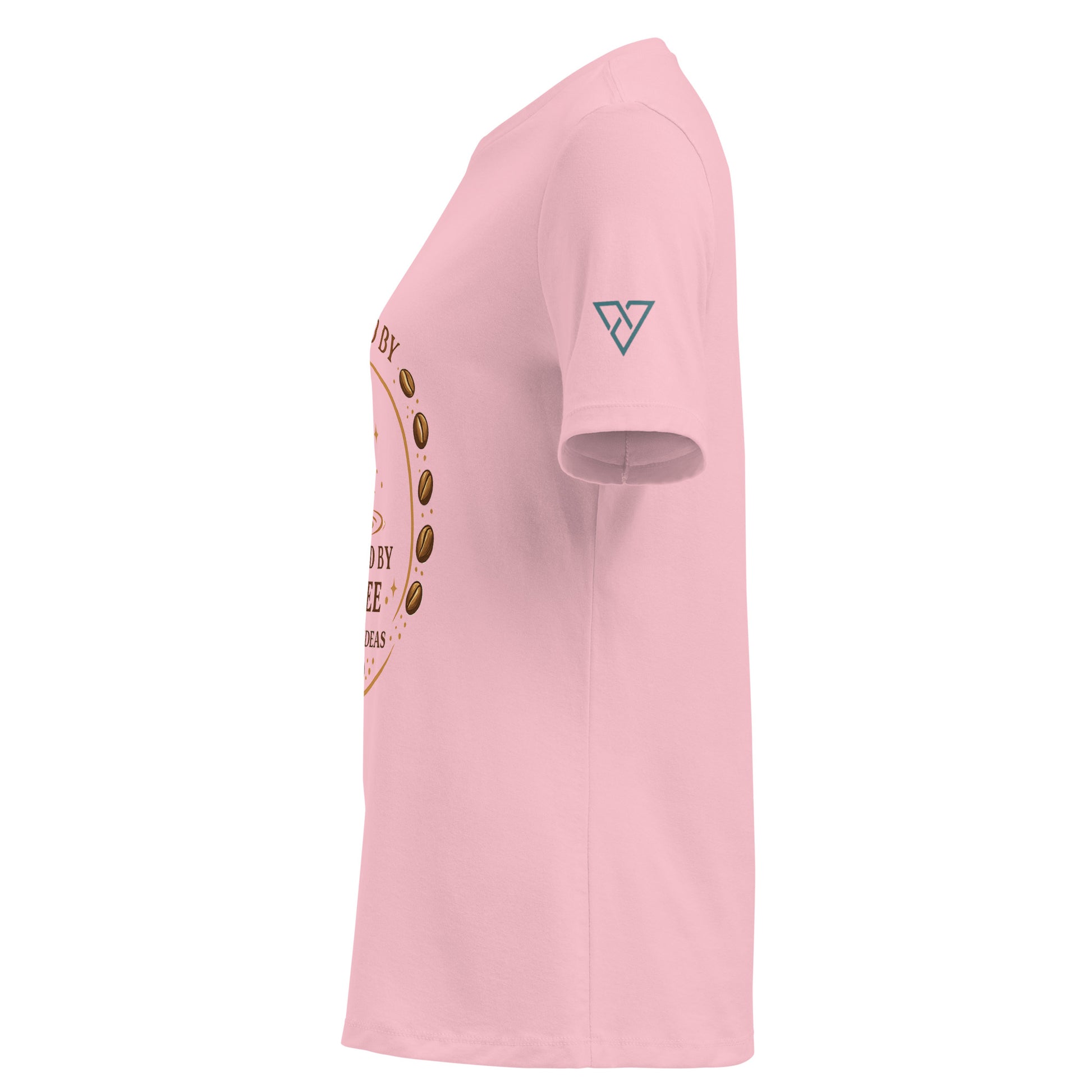 side view of pink t-shirt with Powered by Coffee design on sleeve, HorizonVibe