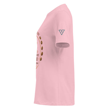 side view of pink t-shirt with Powered by Coffee design on sleeve, HorizonVibe