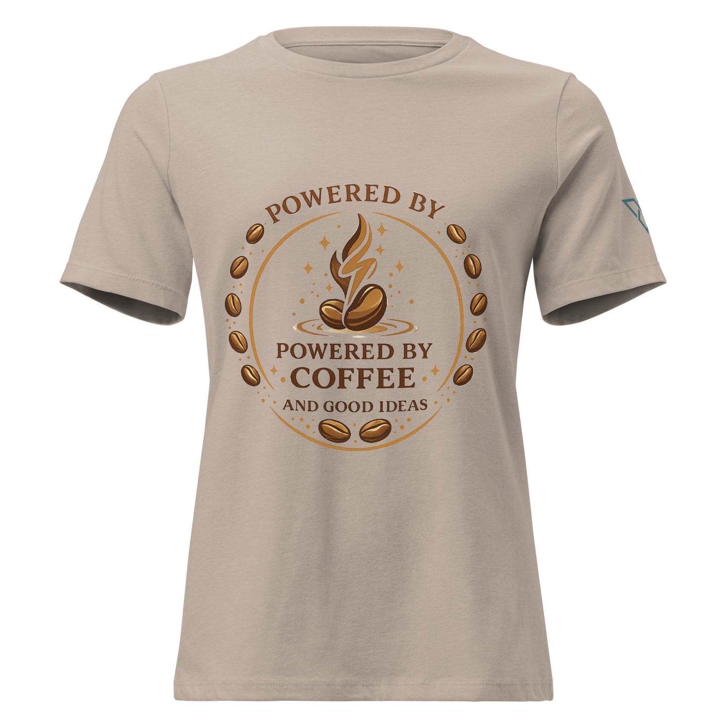 front view of stone beige t-shirt with Powered by Coffee design, minimal coffee graphic, HorizonVibe