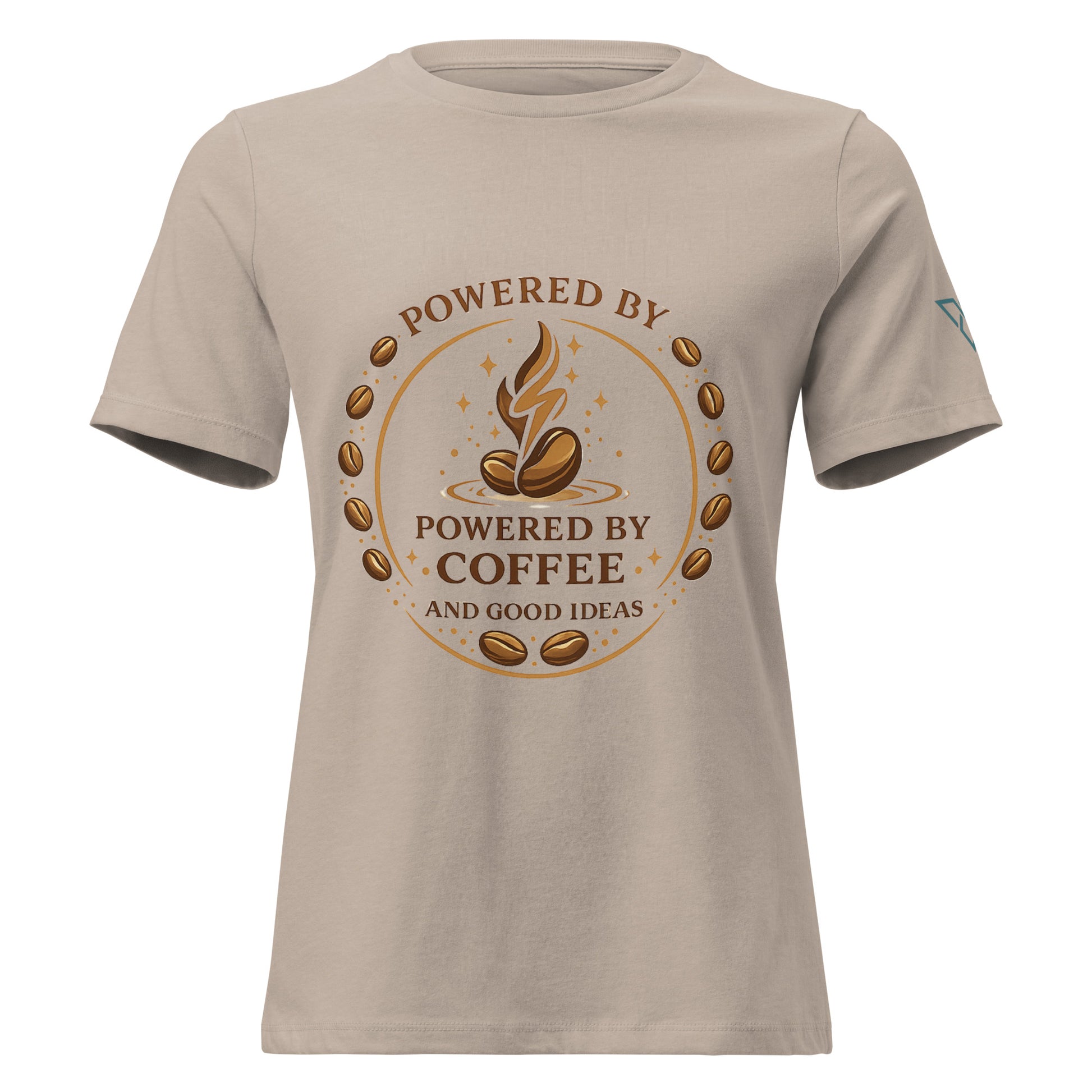 front view of stone beige t-shirt with Powered by Coffee design, minimal coffee graphic, HorizonVibe