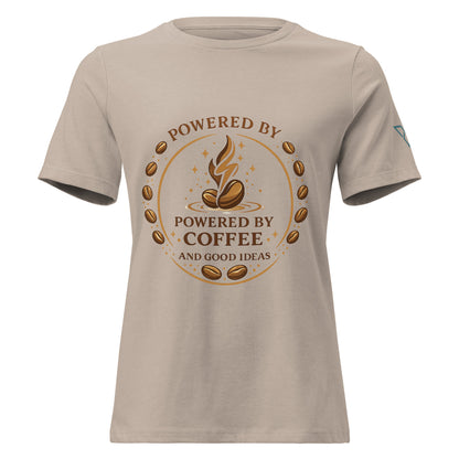 front view of stone beige t-shirt with Powered by Coffee design, minimal coffee graphic, HorizonVibe