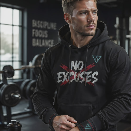 HorizonVibe No Excuses black hoodie lifestyle video, model wearing gym streetwear in fitness studio