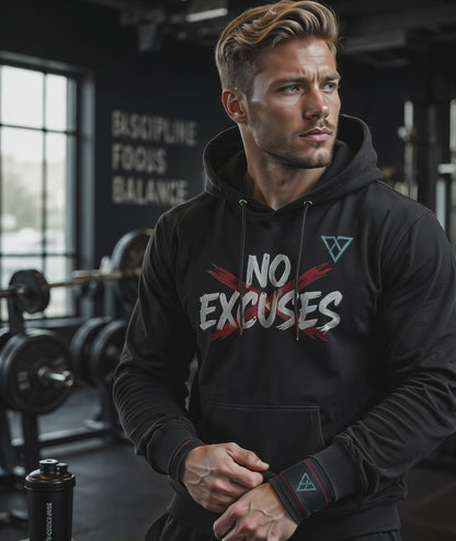 HorizonVibe No Excuses black hoodie lifestyle video, model wearing gym streetwear in fitness studio