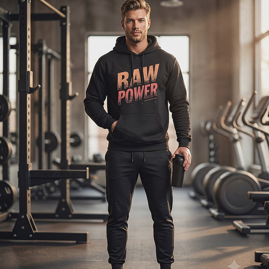 Athletic man standing confidently in a premium gym wearing the HorizonVibe Raw Power Men's Hoodie with the bold RAW POWER front graphic, holding a black shaker while subtly shifting forward in a cinematic fitness lifestyle video.