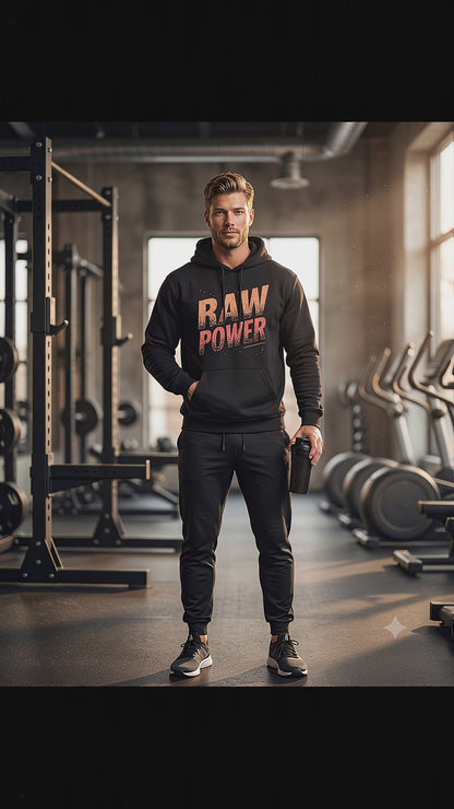 Athletic man standing confidently in a premium gym wearing the HorizonVibe Raw Power Men's Hoodie with the bold RAW POWER front graphic, holding a black shaker while subtly shifting forward in a cinematic fitness lifestyle video.