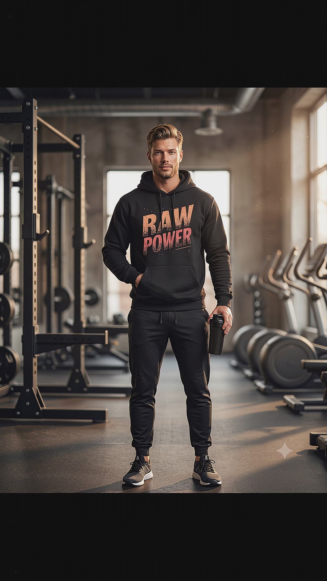 Athletic man standing confidently in a premium gym wearing the HorizonVibe Raw Power Men's Hoodie with the bold RAW POWER front graphic, holding a black shaker while subtly shifting forward in a cinematic fitness lifestyle video.
