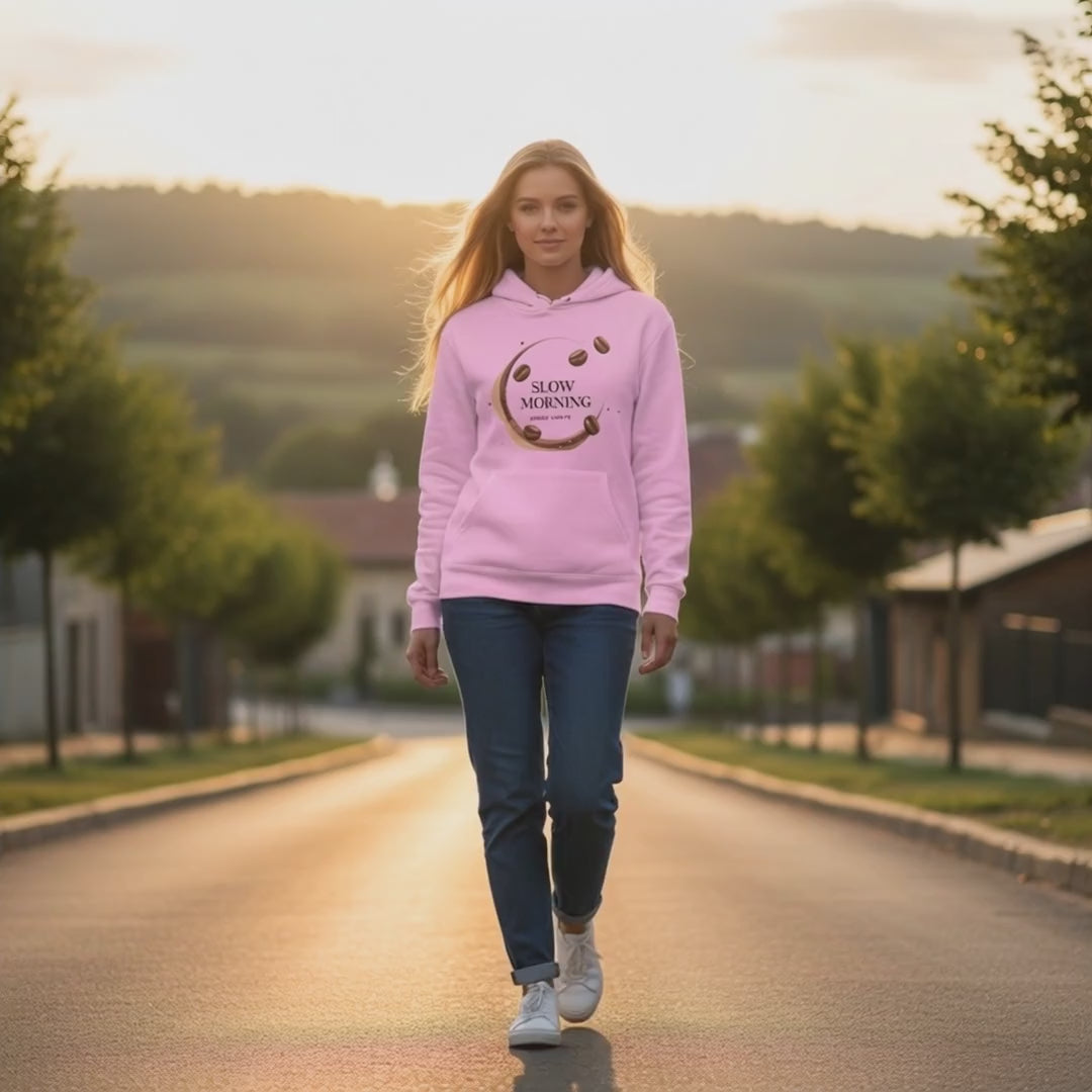 Video of woman in pink HorizonVibe Slow Morning coffee hoodie walking at golden hour, relaxed zen lifestyle