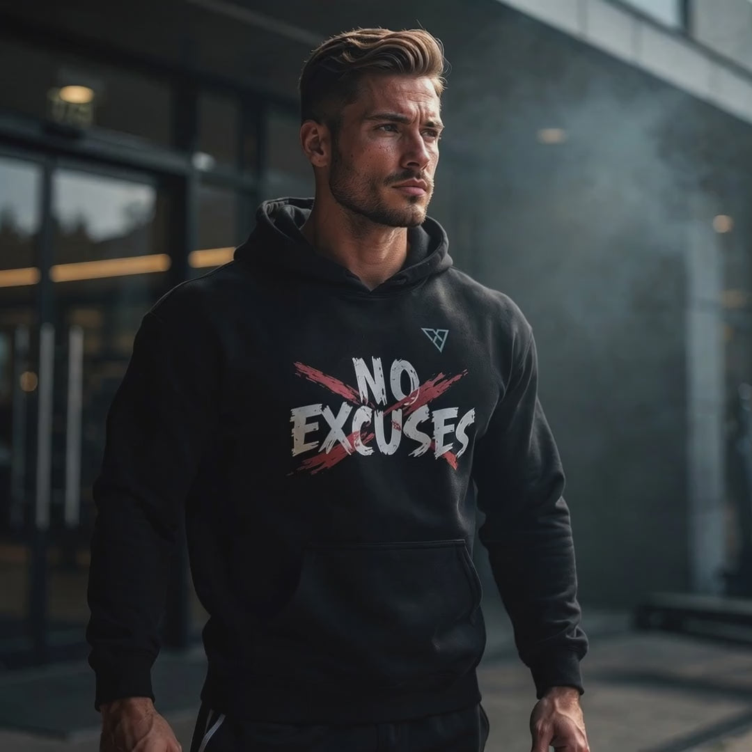 HorizonVibe No Excuses Hoodie lifestyle video featuring a male athlete wearing a black motivational gym hoodie with No Excuses graphic and HorizonVibe logo in an urban fitness environment