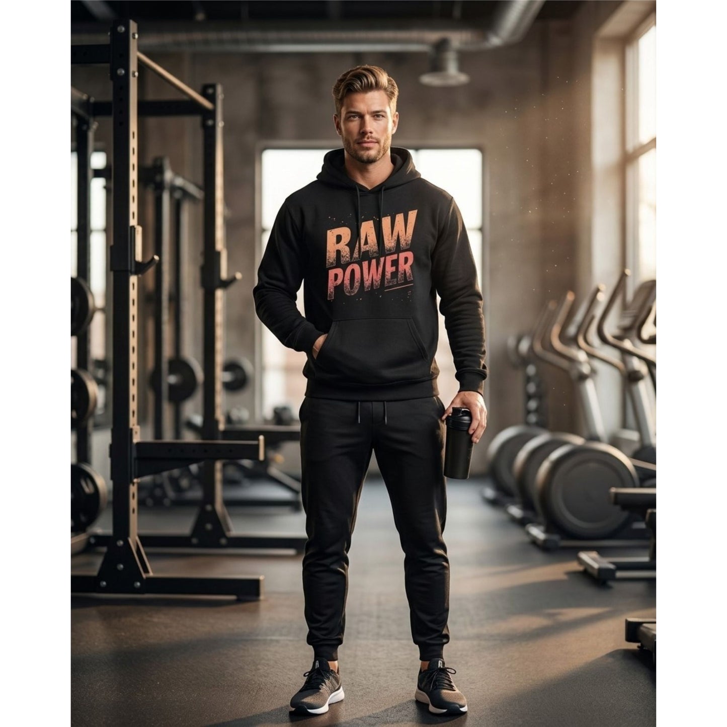 Athletic man standing confidently in a premium gym wearing the HorizonVibe Raw Power Men's Hoodie with the bold RAW POWER front graphic, holding a black shaker after training.